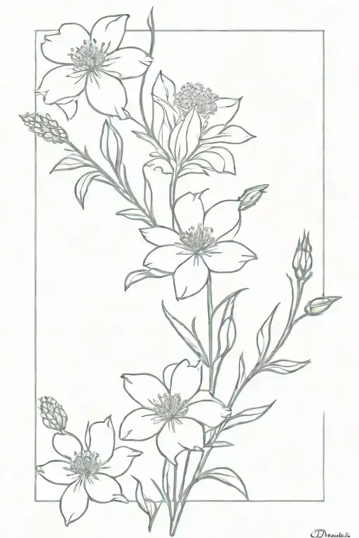 bouqet with larkspur, aster, carnation, and two daisy's  tattoo design idea