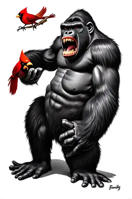 an angry gorilla showing his teeth, a cardinal, and the word family in there too tattoo design idea