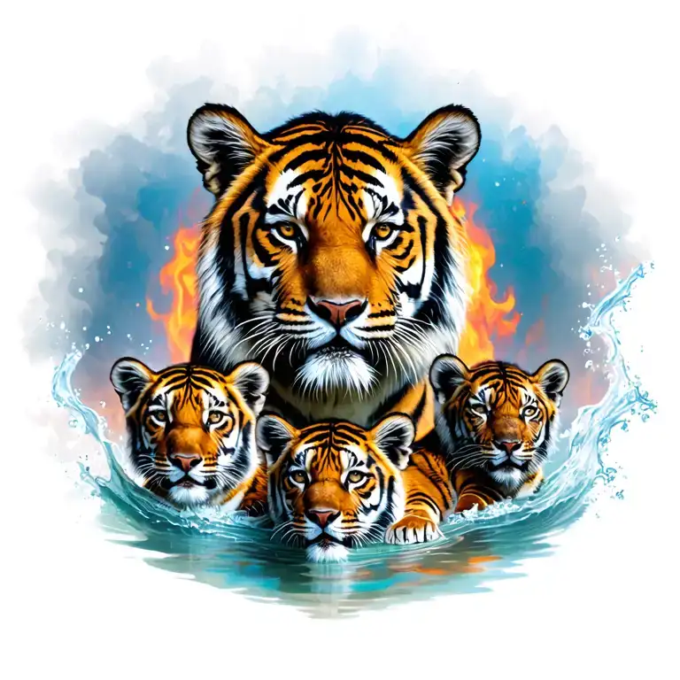 1 tiger with 3 cubs. fire and water intergrated tattoo design idea
