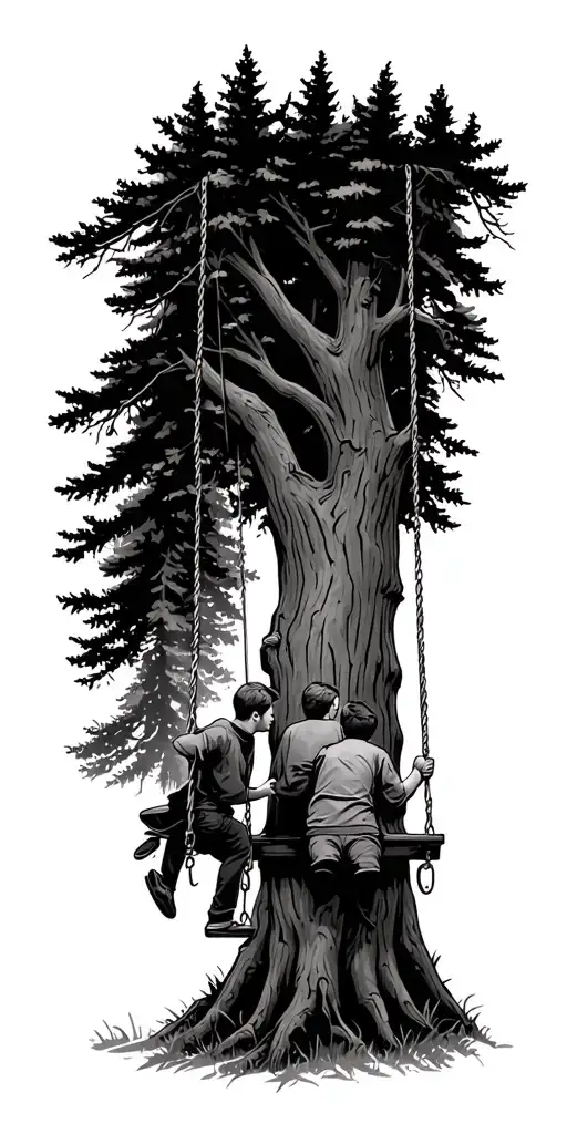 tree swing, boys swinging, forest, c/10 pick up, river, fishing, cabin, carpentry,  tattoo design idea