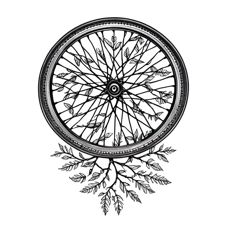 A minimalist geometric design of a bike wheel incorporating elements of nature like leaves and branches tattoo design idea