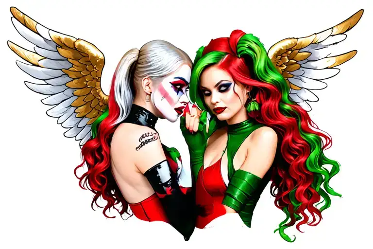 Harley Quinn and poison ivy doing a pinky promise while Harley Quinn has gold and white angel wings tattoo design idea