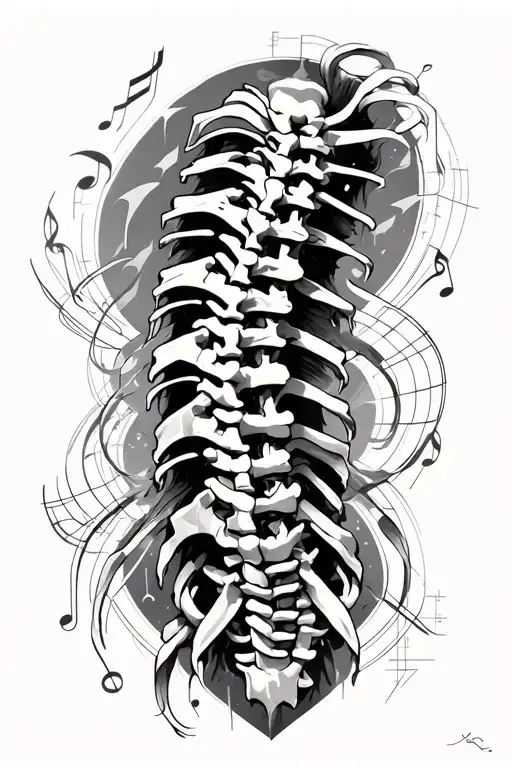 spine tattoo which encorparates, science the work inimitable down the spine music and geometric designs tattoo design idea