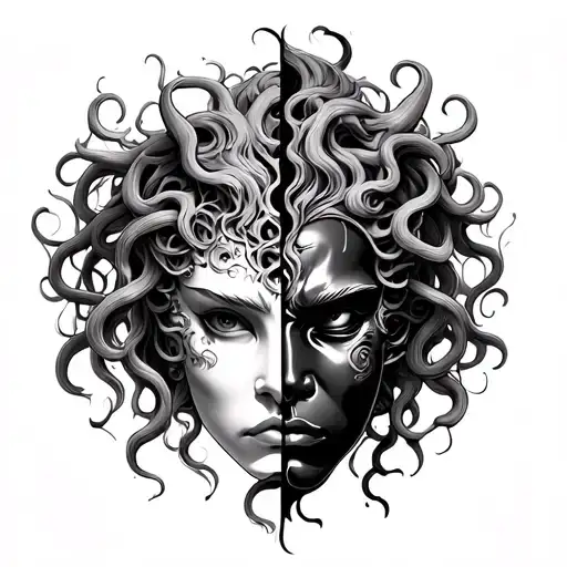 Medusa and Oni mask split in half tattoo design idea