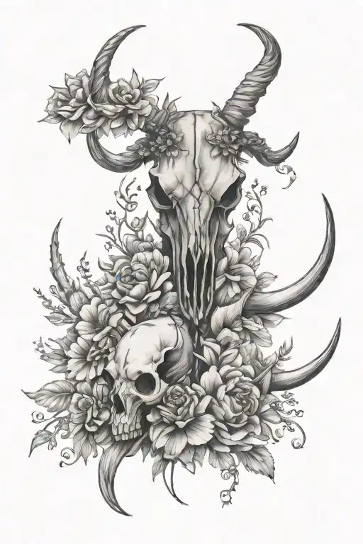 florals spine with bull skull tattoo design idea