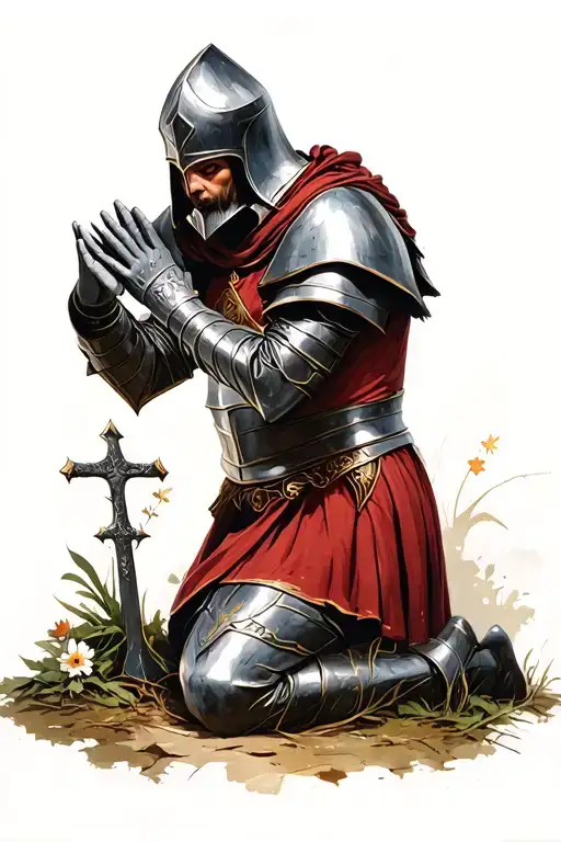 templar knight kneeling praying before a grave tattoo design idea