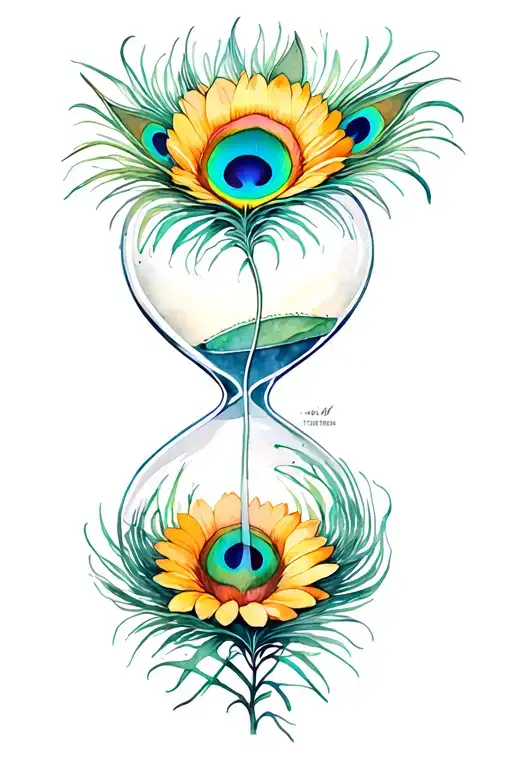 peacock feather hourglass combined sunflower sleeve  tattoo design idea