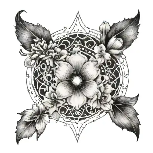 An delicate design of a submissive symbol surrounded by delicate flowers representing strength in vulnerability tattoo design idea