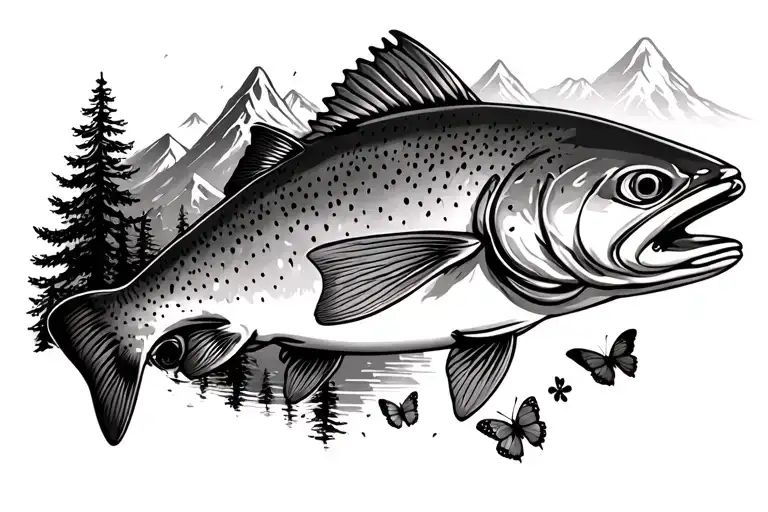 Trout with mountains pine trees and butterfly made tattoo design idea