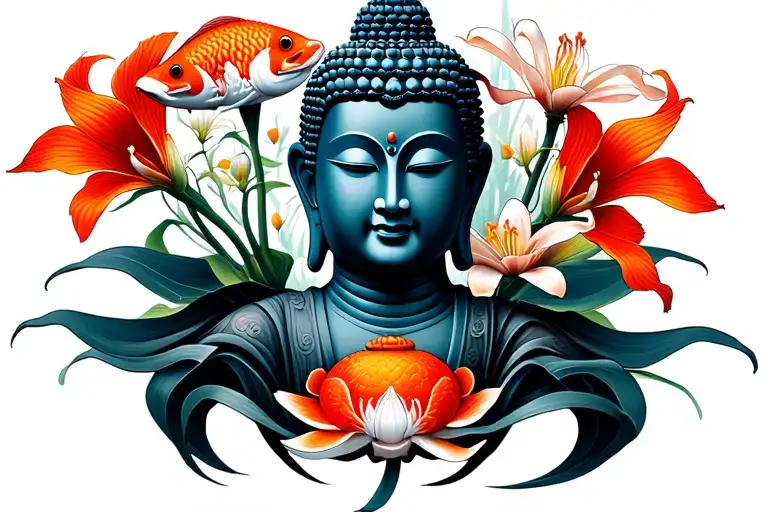 Japanese Buddha face with spider lily around it with japanese aspects like koi fish samurai around it tattoo design idea