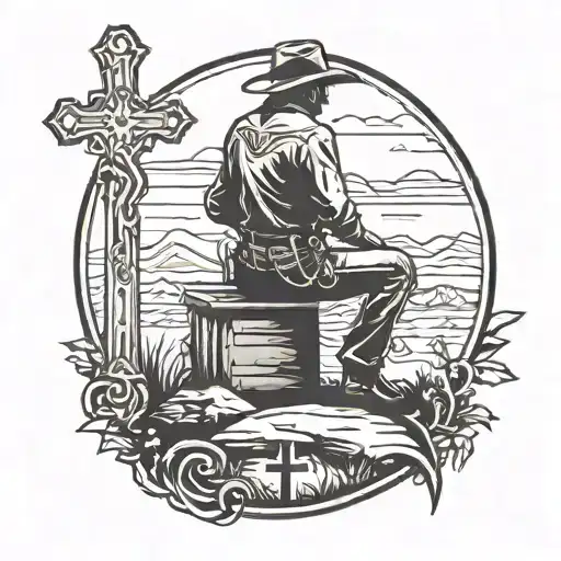 silhouette of a cowboy that is kneeling down next to a cross tattoo design idea