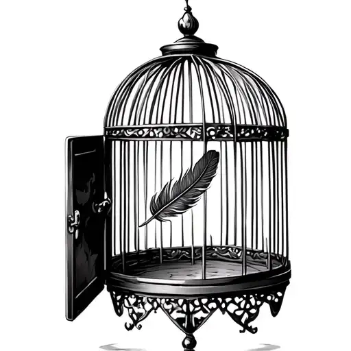 open birdcage that is empty and has a feather flying down inside. the door of the cage is open tattoo design idea