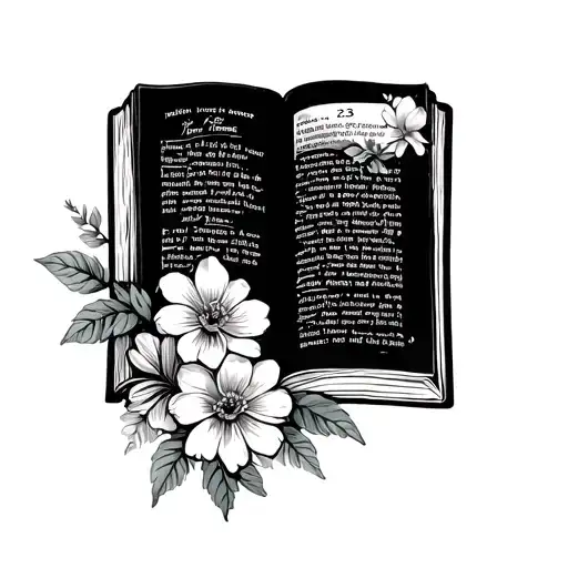 bible open to psalms 23 with flowers blooming at the base tattoo design idea