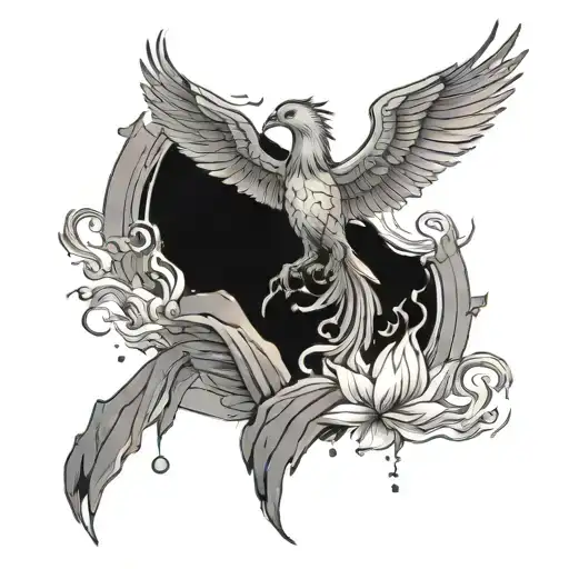 the Phoenix (rising from ashes), a lotus flower (growing through mud), a mountain climber reaching the summit, a river f tattoo design idea