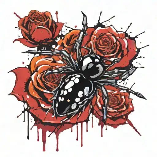 i want a bloody rose and a black widow spider hanging from it and i want 7k somewhere tattoo design idea