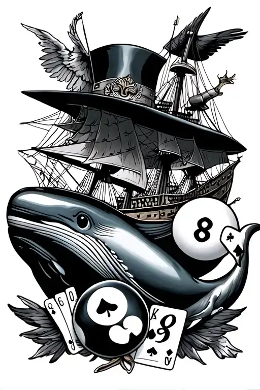 sleeve with navy ship, a whale, an 8 ball, playing cards, a seahawk, and a magicians hat tattoo design idea