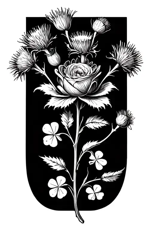Tudor rose, small thistle and small clover combined. should look like stitching. fine line.  tattoo design idea