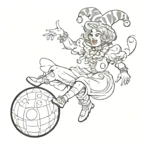 female jester with clown face paint juggling while balancing on a ball tattoo design idea
