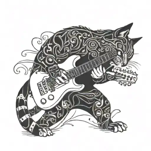 A blackwork tattoo of a cat playing a guitar tattoo design idea