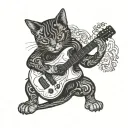 A blackwork tattoo of a cat playing a guitar tattoo design idea