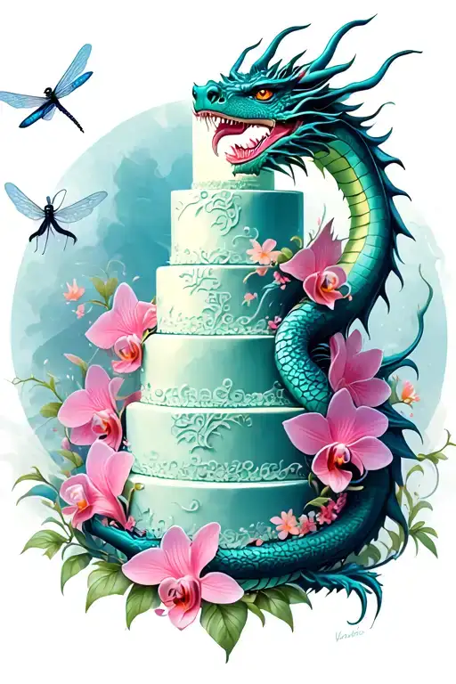 A dragon wrapped around a towering cake, with orchids and dragonflies flying around it tattoo design idea