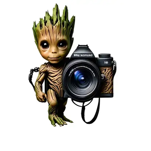 Baby Groot and Camera tattoo design idea