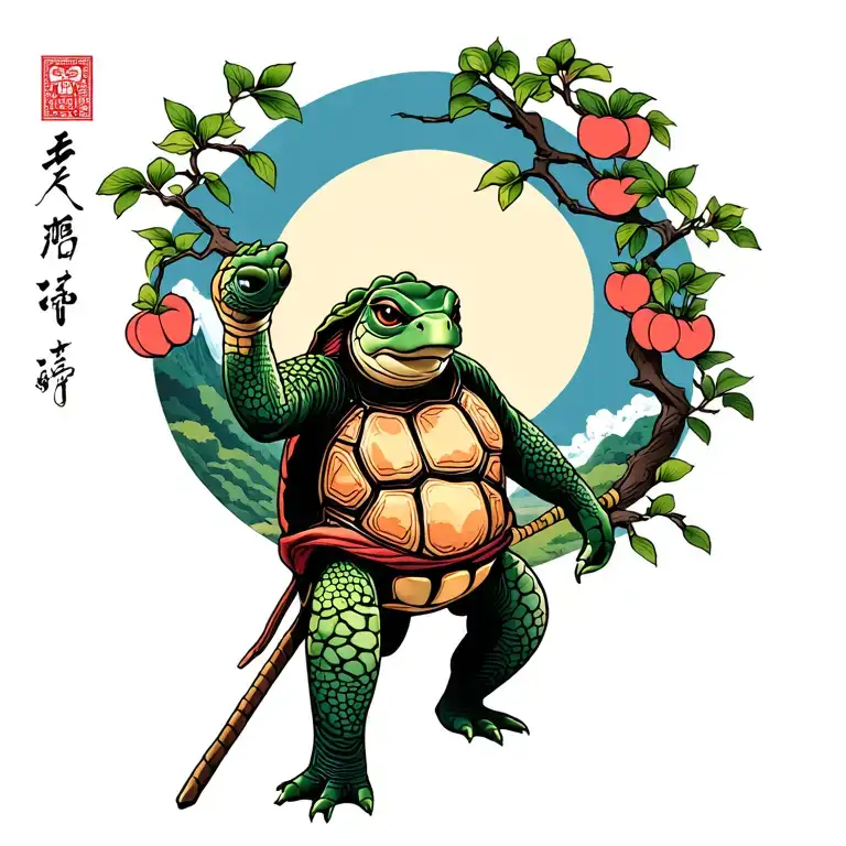 tortoise kind kung fu turtle with staff at peach tree scene in mountain pass tattoo design idea