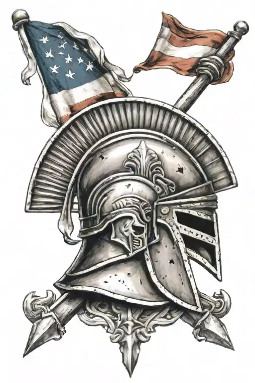 Spartan helmet cross and flag intertwined tattoo design idea