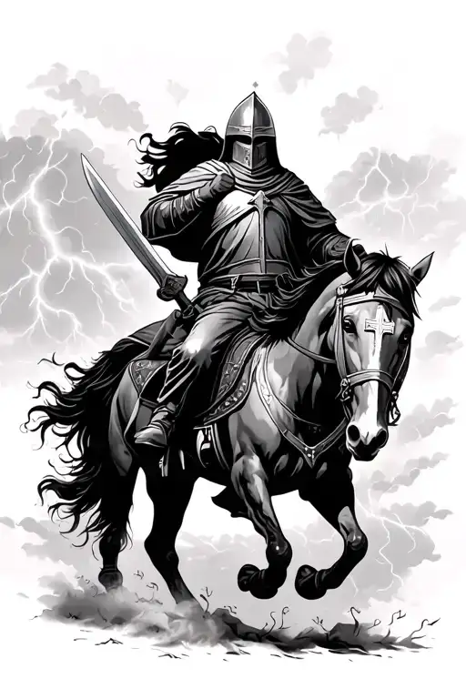 crusader riding a horse in a thunder storm with a sword and shield with a cross tattoo design idea