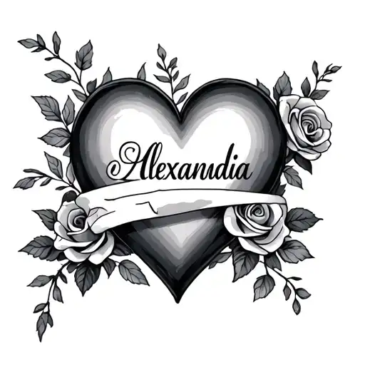 heart with name Alexandria roses tattoo design idea
