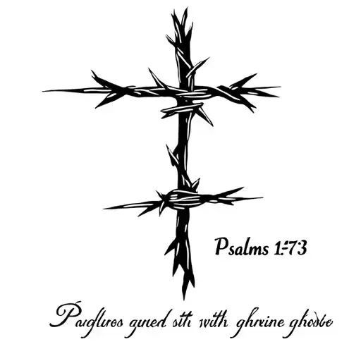 Skinny Dainty cross with barbed wire wrapped with psalms 147:3 simple tattoo design idea
