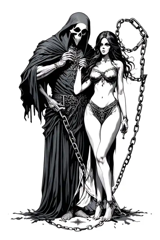 sinister male reaper and gothic female slave chains ancestor tattoo design idea