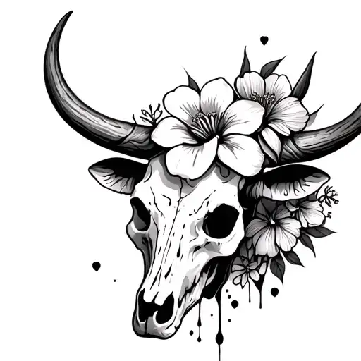 A male cow skull with a bleeding heart, flowers and moon flowers all over the skull and the horns in one big flower in t tattoo design idea