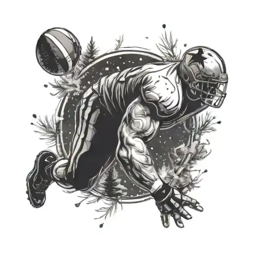 A powerful image of an offensive lineman in action, with a background of swirling snowflakes and pine trees, blending the client's passion for football and nature tattoo design idea