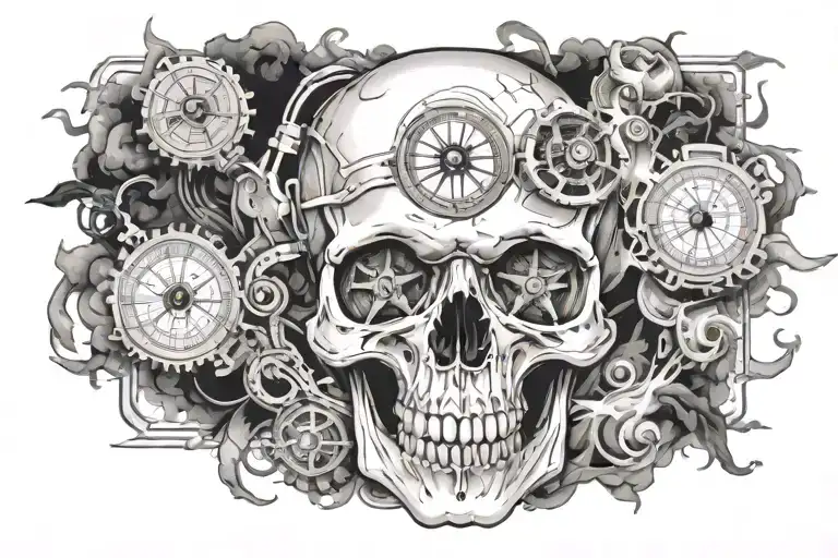 realistic skull with compass surrounded by smoke tattoo design idea