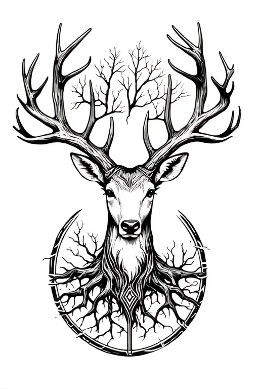 Filler tattoo on upper back piece of norse tree of life inbetween deer antlers tattoo design idea