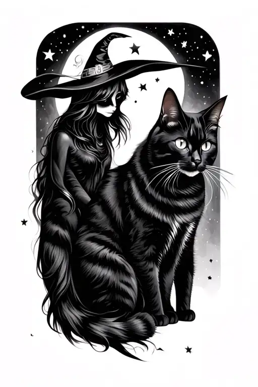 witch and black cat and moon  tattoo design idea