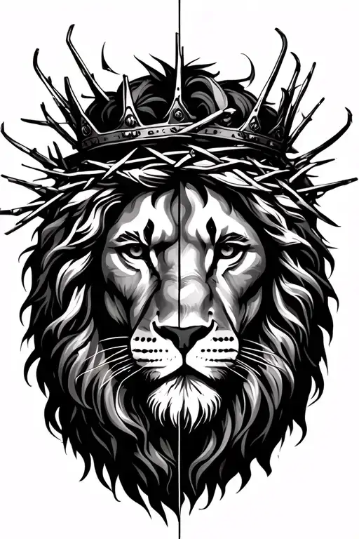 half face of Jesus crown of thorns and half face of lion wearing a crown tattoo design idea