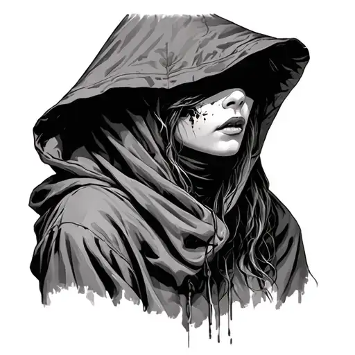 hooded blindfolded woman horror movie scene tattoo design idea