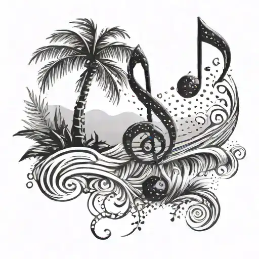 A music note made out of palm trees with waves crashing in the background tattoo design idea