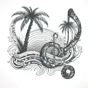 A music note made out of palm trees with waves crashing in the background tattoo design idea