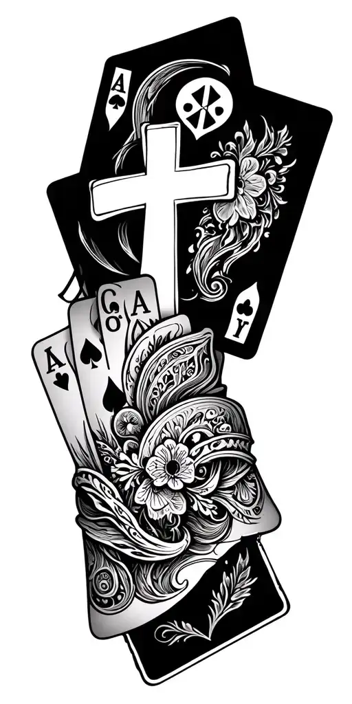 Paisley with a cross and the bicep and playing cards on the forearm. mountain cowboy within the cards tattoo design idea