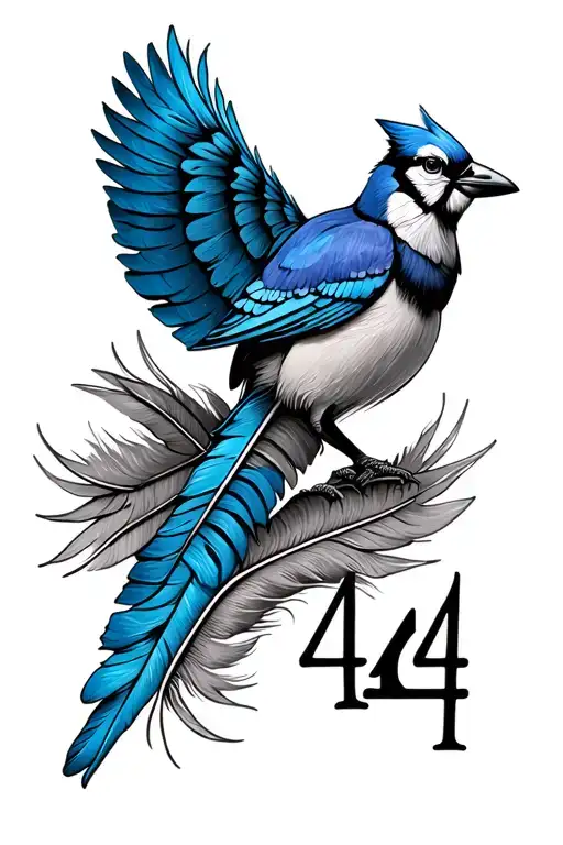 turkey feathers with a blue jay and the number 444 tattoo design idea