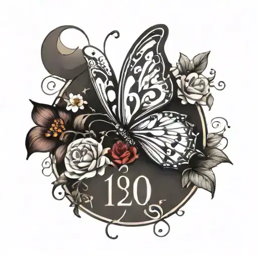 Name with numeral numbers and butterfly's and flowers tattoo design idea