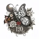 Name with numeral numbers and butterfly's and flowers tattoo design idea