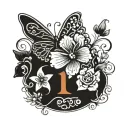 Name with numeral numbers and butterfly's and flowers tattoo design idea