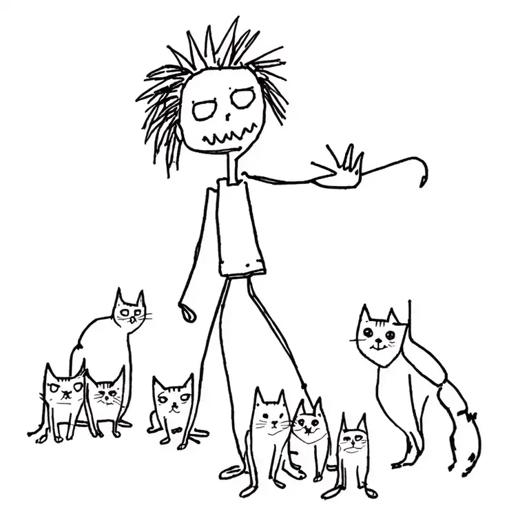 punk rock dude with gang of cats tattoo design idea