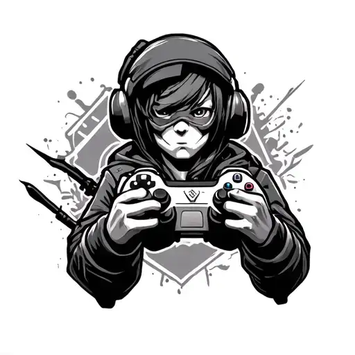 gamer character surrounded tattoo design idea