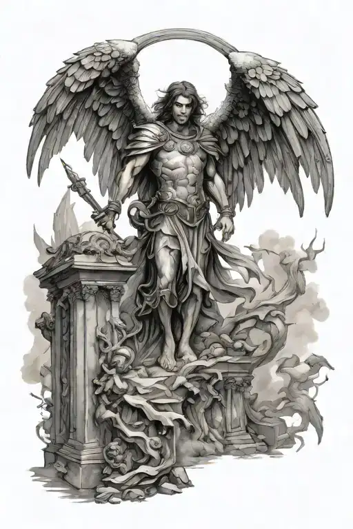 k view of arch angel gabriel standing in ruins, fighting demons and protecting heaven back tattoo, with spread hurt and  tattoo design idea