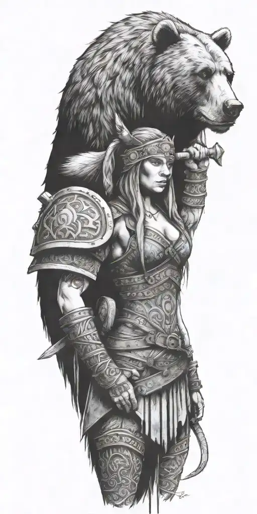 bear and viking female warrior tattoo design idea